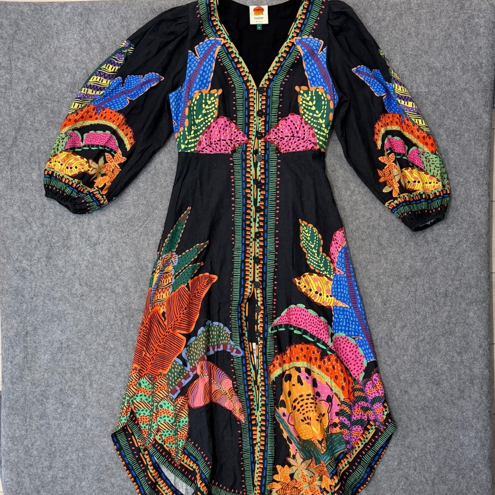 Farm Rio Cool Leopards Button Front Maxi Dress Linen Blend Women's Size M - Picture 1 of 10